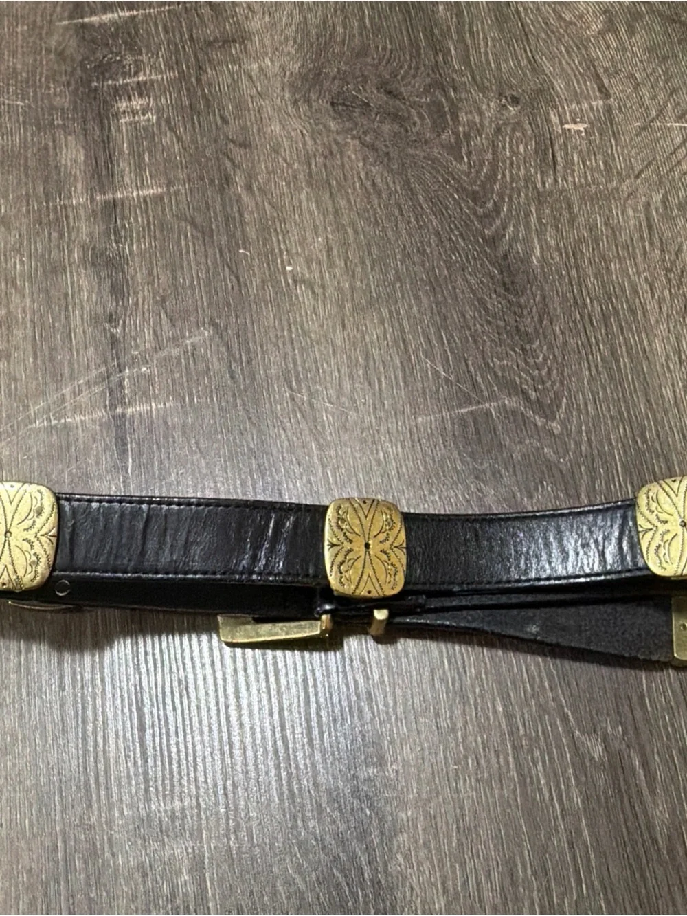 Vintage 1991 Brighton Black Leather Belt Women’s Gold Medallion Buckle 35”